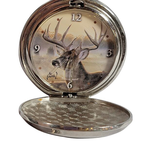 Vintage Wildlife Pocket Watch with Deer Art Design, 14" Chain, Silver-Tone Works - Picture 10 of 14